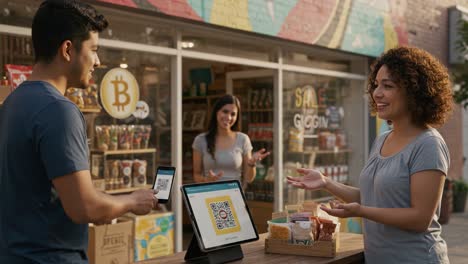 people using mobile payment with qr codes and bitcoin at an outdoor store