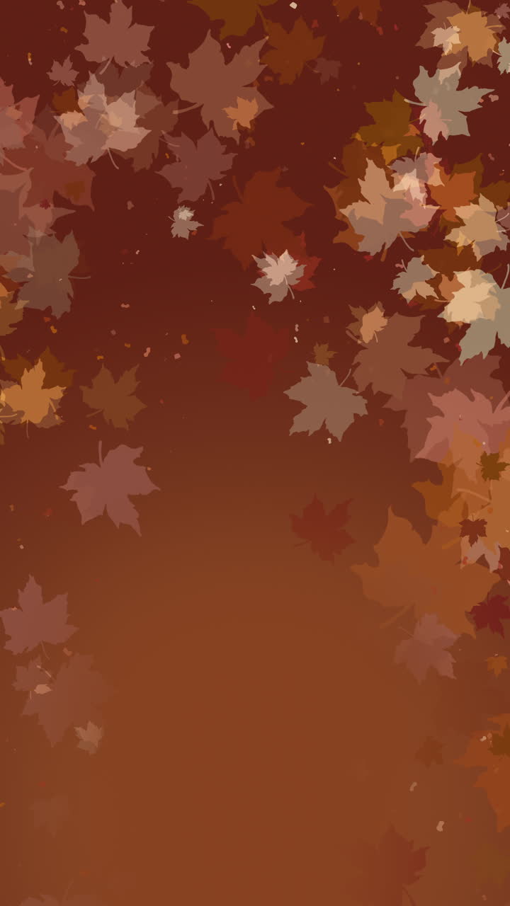 Brown background with copy space and frame of falling maple leaves. Looped animation. Vertical video.