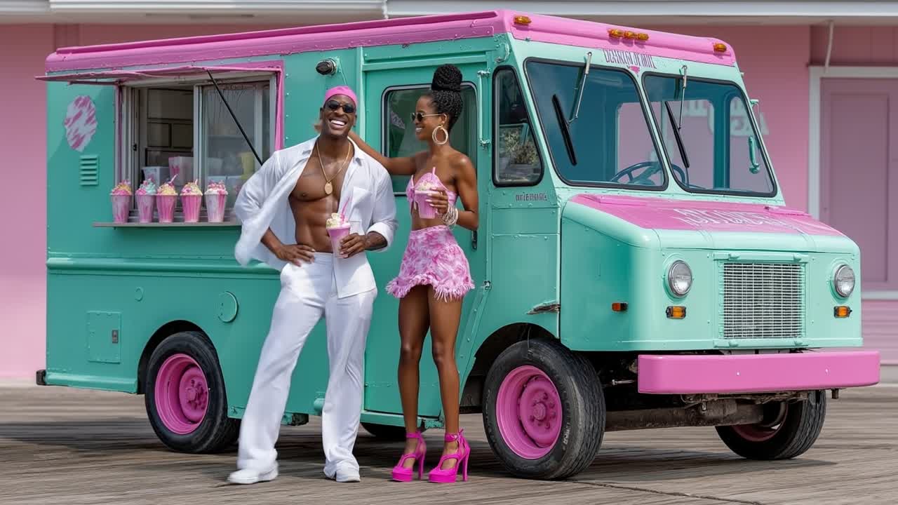 Vintage nane yeşili ve pembe bir yemek kamyonunun yanında retro yaz kıyafetleriyle poz veren şık genç çift.