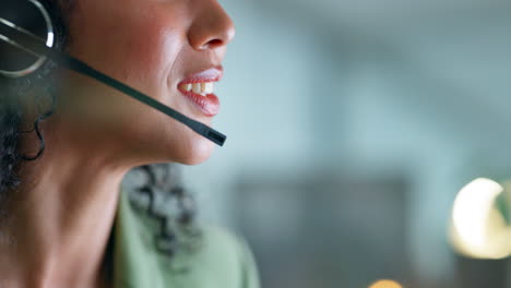 talking, call center and night with closeup