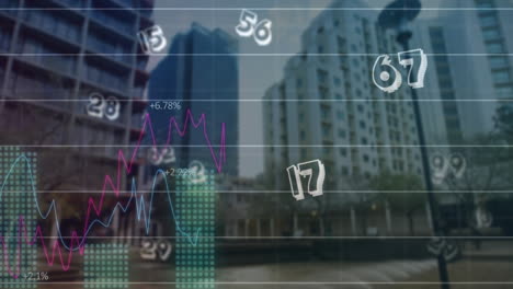 animación del procesamiento de datos financieros sobre el paisaje urbano