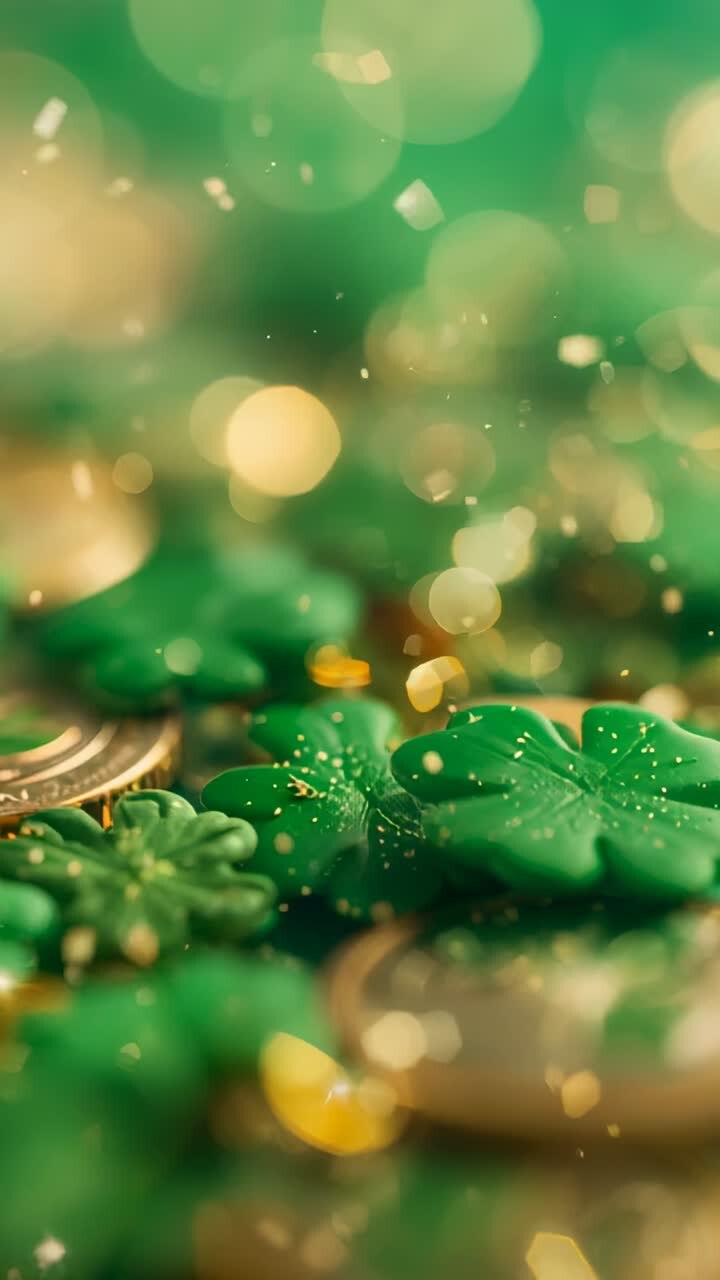 Vertical video: Pulling camera focus revealing shamrocks and coins on tabletop, showing hidden ring