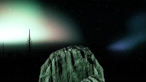 animation of rock and fir trees at christmas over aurora