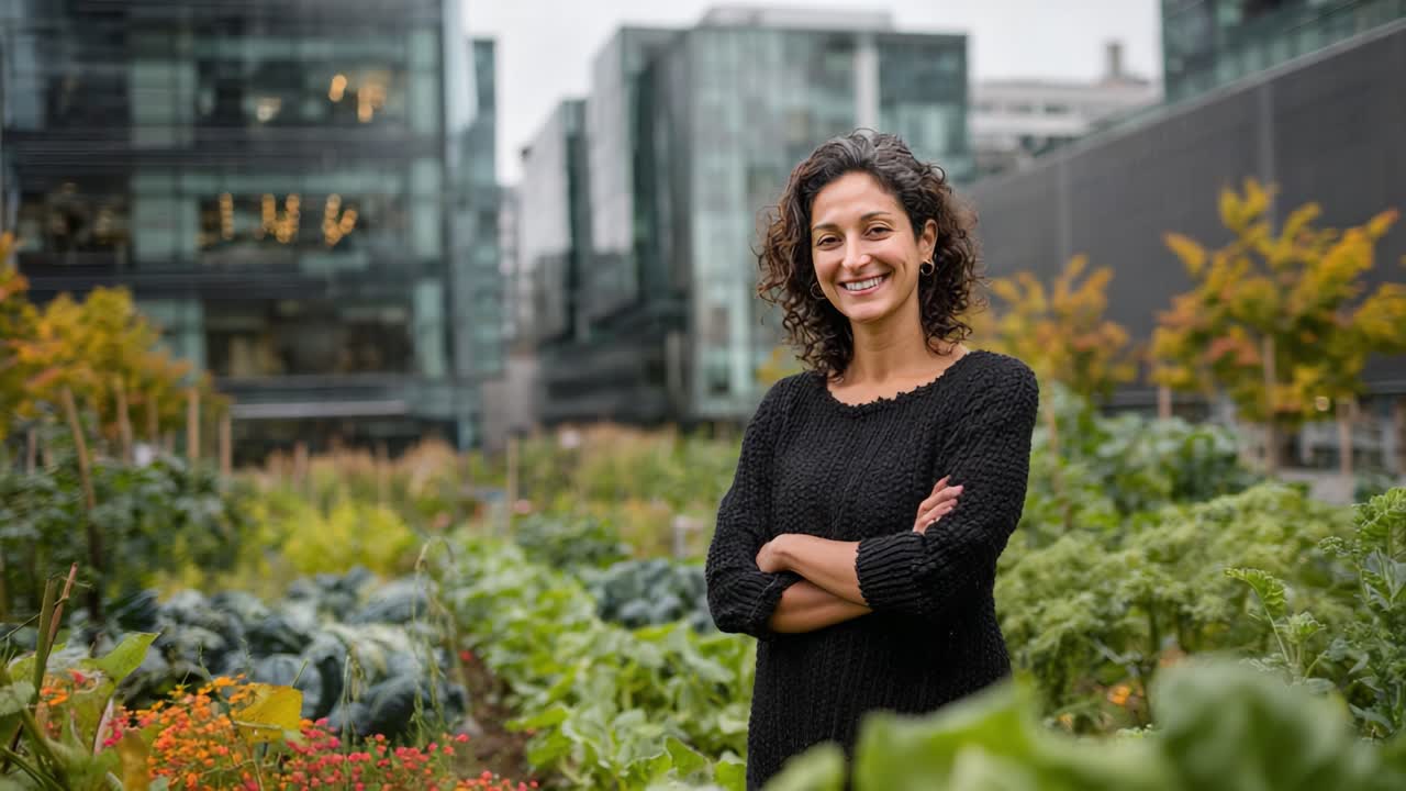 A Confident Woman in a Lush Urban Garden, Embracing Sustainable Agriculture and Connecting with Nature in a Green City Landscape