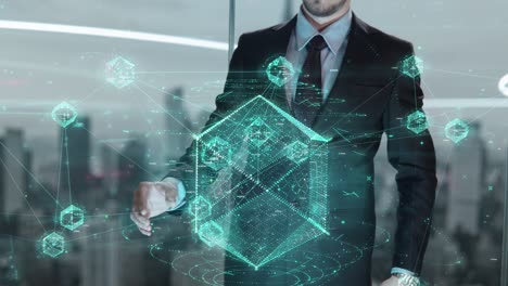 hombre de negocios con en el metaverso en el concepto de holograma de lengua china 4k