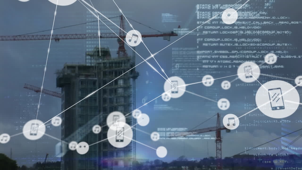 animación de la red de iconos digitales y procesamiento de datos contra el sitio de construcción