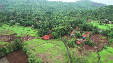 small village in hill station in rainy season drone view