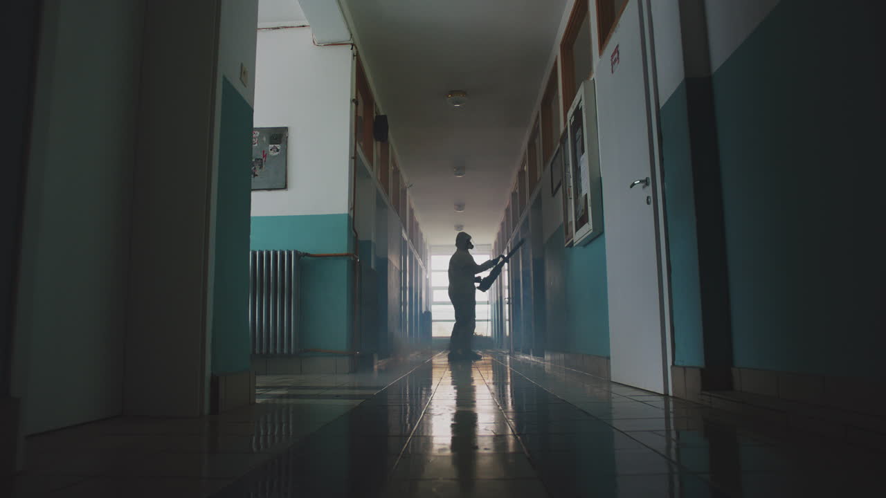 Disinfecting a Hallway with Fogging Equipment