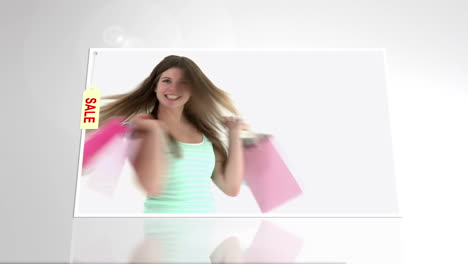 mujer festiva con bolsas de compras de venta en fondo blanco