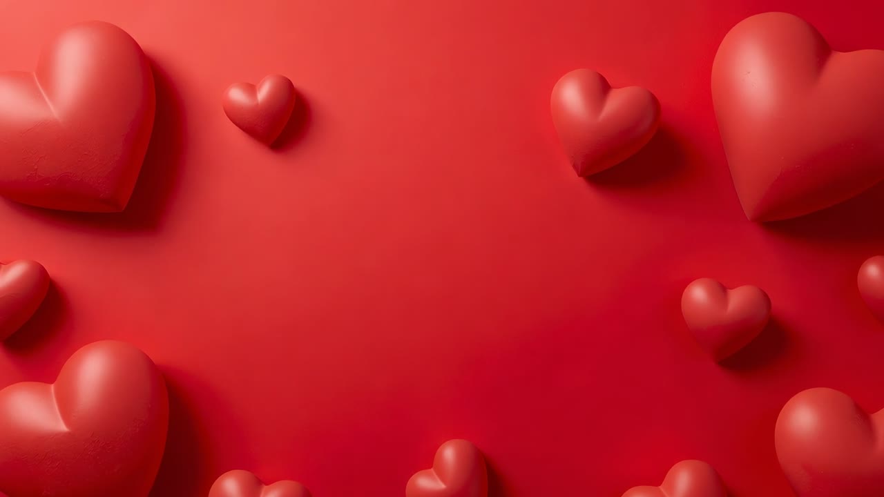 Animazione in riproduzione, forme lucide di cuori in rendering in 3D che fluttuano intorno a uno sfondo rosso stilizzato per un loop decorativo