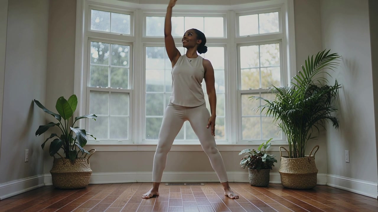 Raising right arm, coach doing lunge reach while exercising at bay window, tank top, clip mic