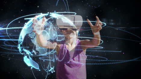 person wearing vr headset interacting with digital holograms over virtual globe animation