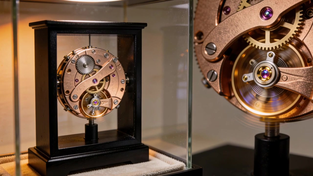 Shifting camera right, zooming at desk revealing small movement in glass case and big open movement