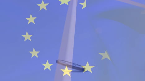 animation of flag of eu and coin over caucasian worker and wind turbine