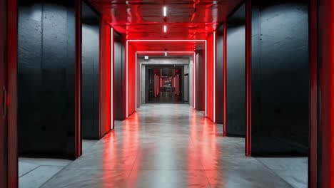 a long hallway with red lights on the walls