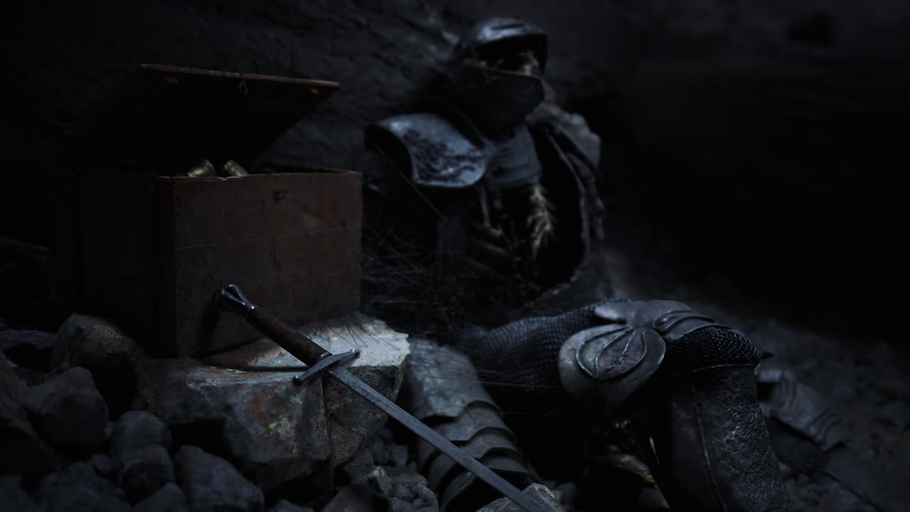 Dead knight rests in cave with treasure chest and fallen sword