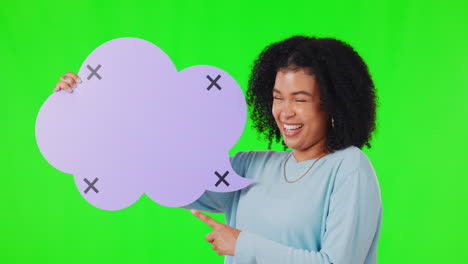 Happy,-woman-and-speech-bubble-on-green-screen