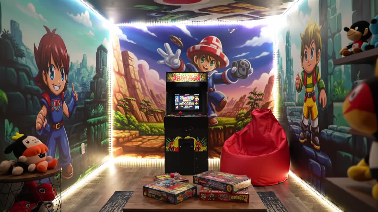 A Vibrant Arcade Room Featuring Classic Video Game Characters and Colorful Murals, Ideal for Gamers and Nostalgic Enthusiasts Alike