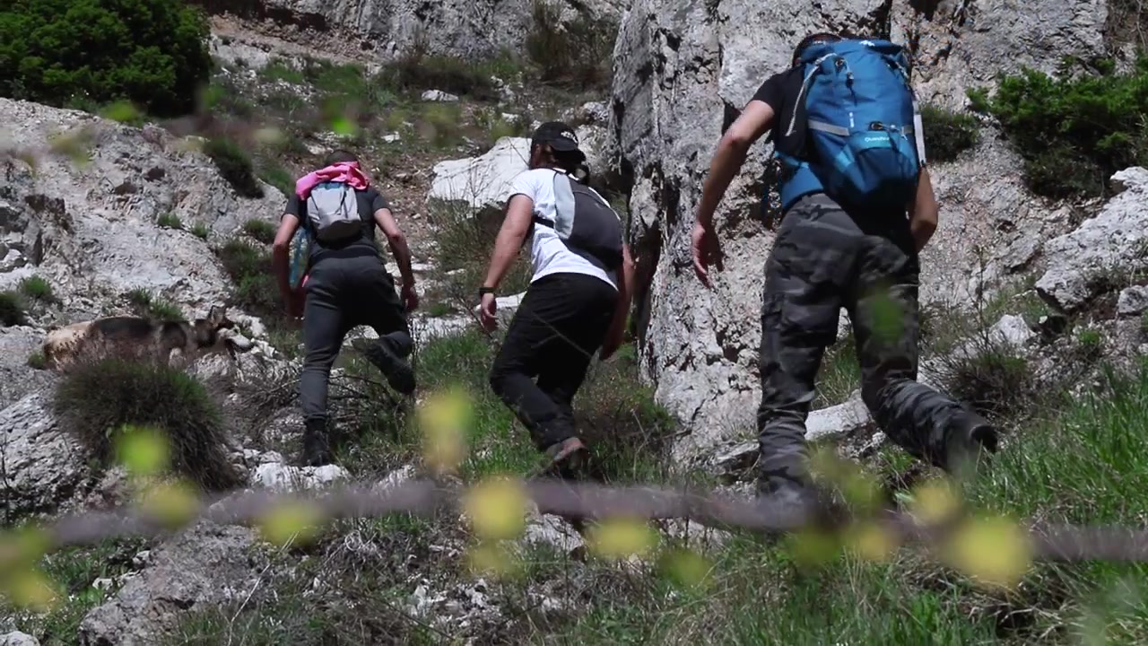 Tre uomini fanno un'escursione su una montagna rocciosa con gli zaini, vista dal basso attraverso un ramo.