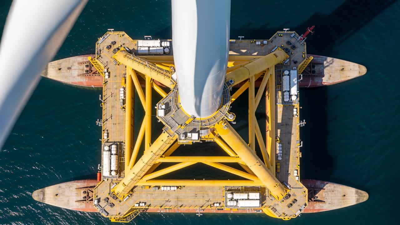 Aerial showing yellow jacket with white tower on ship at sea, blade entering frame during lift