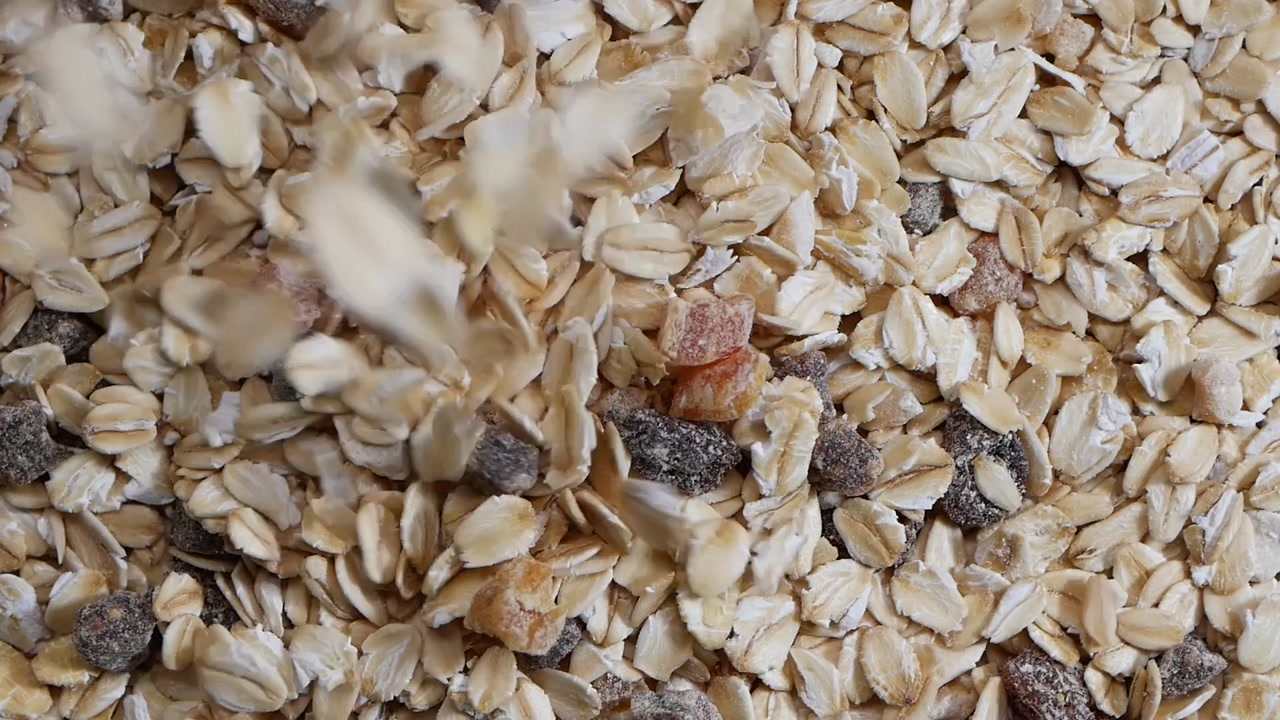 Oatmeal Flakes and Dried Fruit Falling in Slow Motion