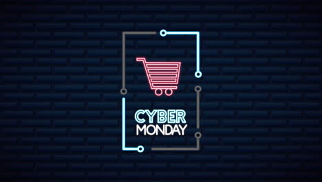 cyber monday neon lights animation with shopping cart