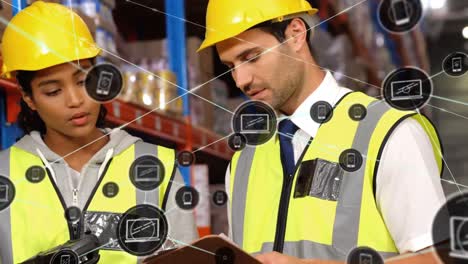 Animation-of-networks-of-connections-with-icons-over-people-working-in-warehouse