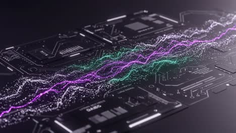 a vibrant display of data visualization with multicolored waves representing dynamic information flow across a circuitry background