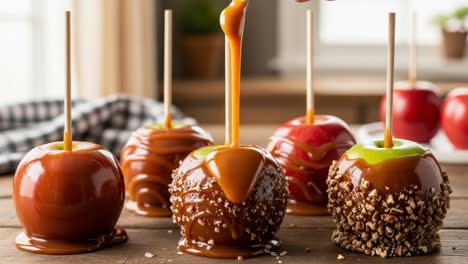 deliciously indulgent caramel apples showcased on a rustic table, perfectly dipped and topped with nuts, sprinkles, and mouthwatering chocolate drizzle