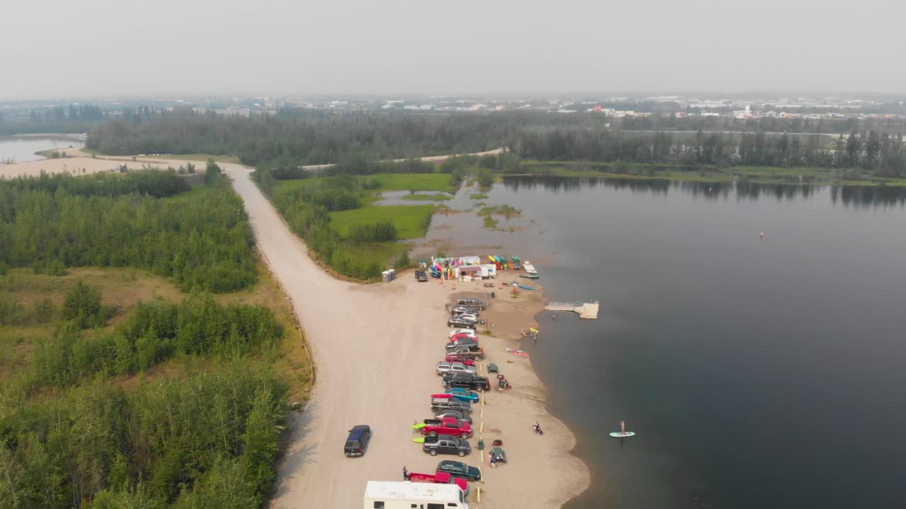 4K Drone Video of Paddle Boarders and Kayakers on Cushman Lake in Fairbanks, AK during Summer Day-1