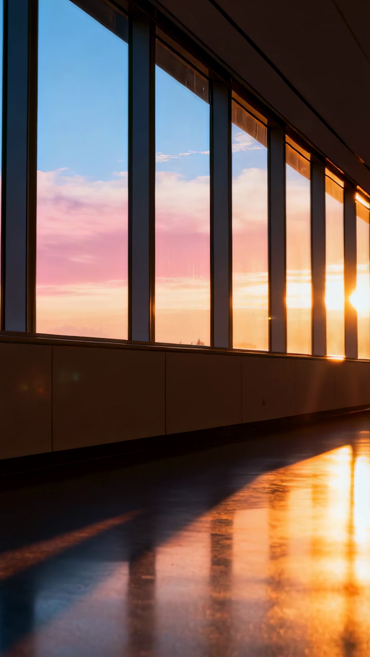 Vertical video: Sun appearing through tall windows casting glare and gleams in polished corridor