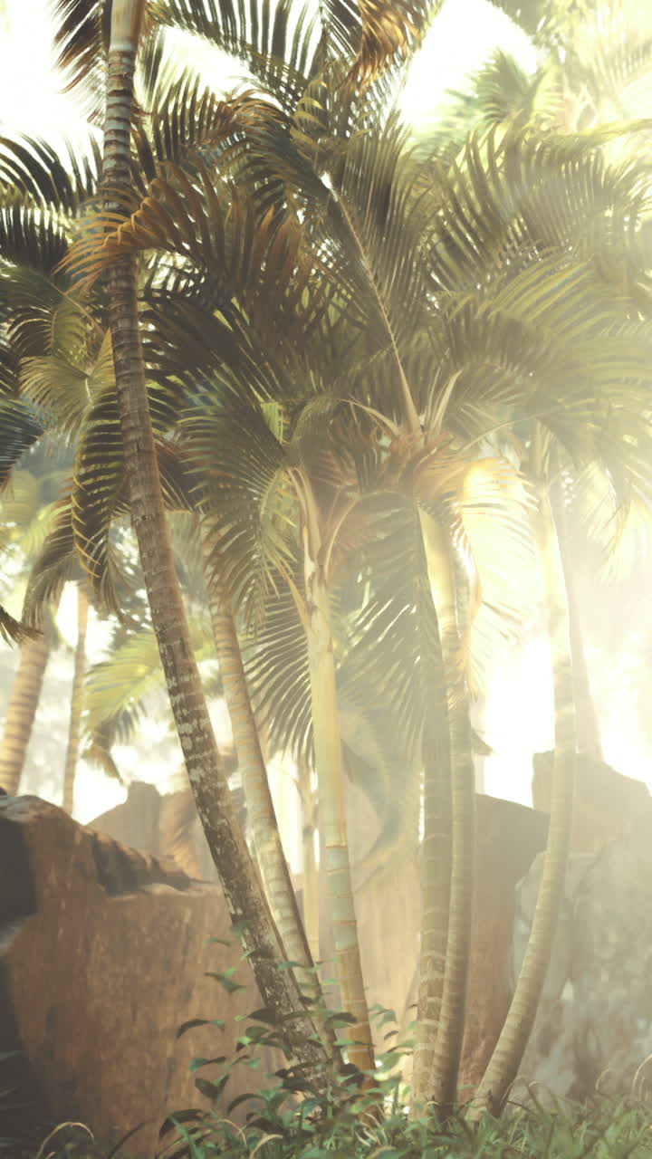 Lush tropical landscape with sunlight filtering through palm trees