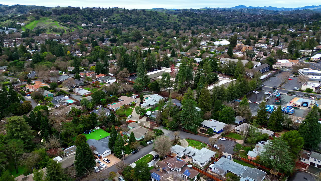 Aerial view of San Francisco suburban neighborhood with houses, trees, and forested hills in distance