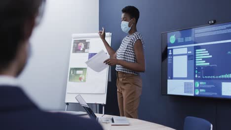 Diverse-business-people-wearing-face-masks-sitting-listening-to-presentation-in-office