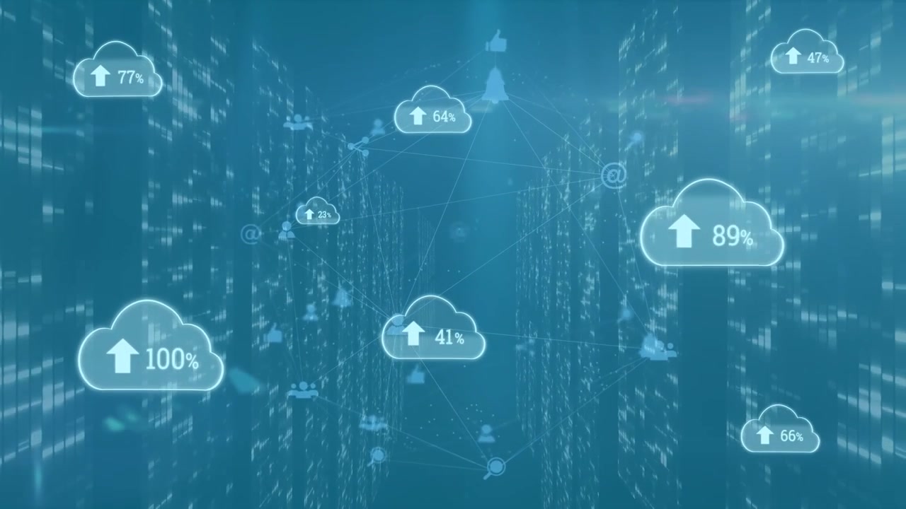 Animation of multiple cloud icons with increasing against mosaic squares against blue background
