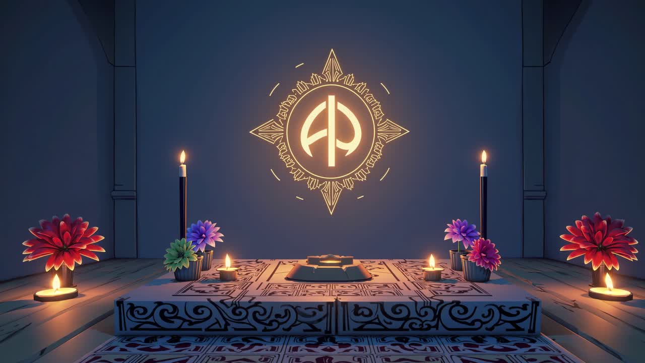 Mysterious altar with burning candles and flowers is illuminated by a glowing symbol in a dark room, creating a mystical and spiritual atmosphere