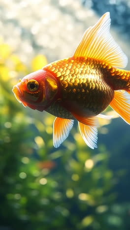 vibrant goldfish in calm tank. a vibrant goldfish glides gracefully through water filled with lush green plants and bubbles in an aquarium setup.
