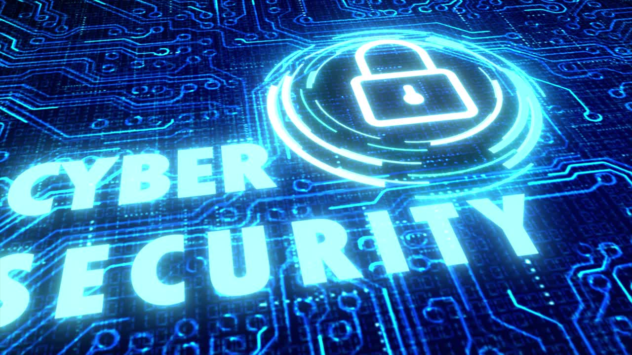Sophisticated and detailed 3D motion graphic of an animated circuit board with stylised system lock element and the glitching message Cyber Security, in a blue and white color palette