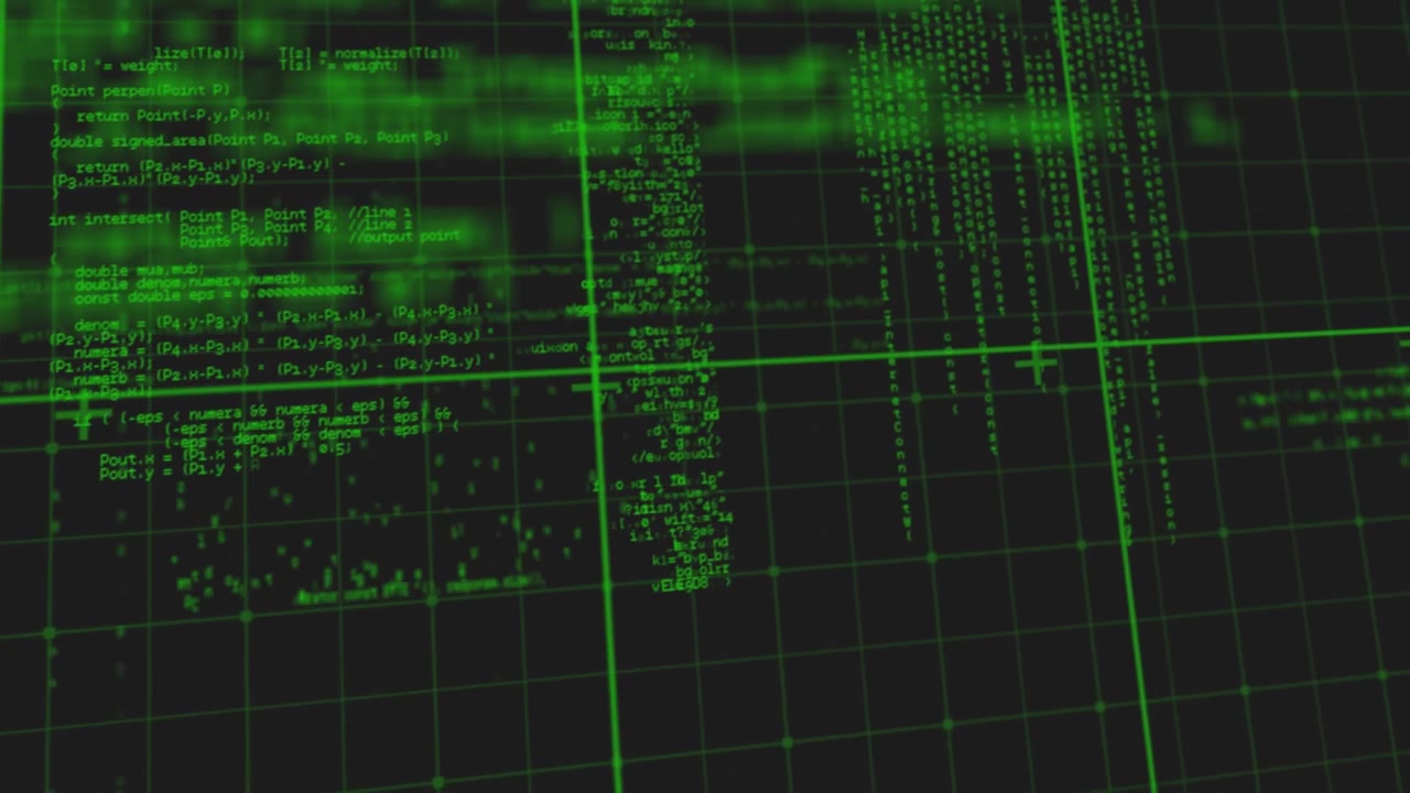 Animation of red blood cells over grid pattern against computer language on black background