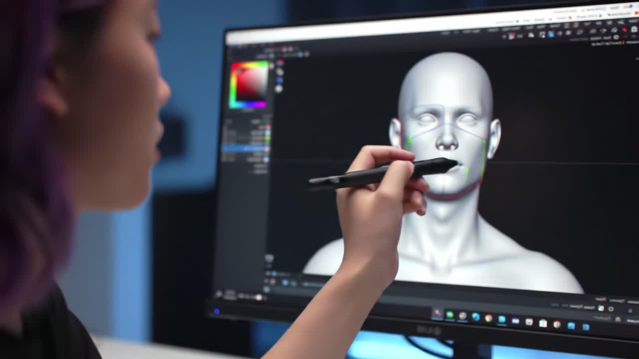 Digital Artist Sculpting 3D Face Model Using Tablet and Software, Focusing on Facial Features and Enhancing Realism Through Detailed Adjustments