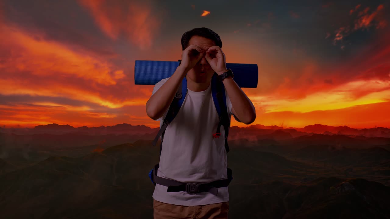 해가 뜨는 산의 풍경에 행복한 여행자