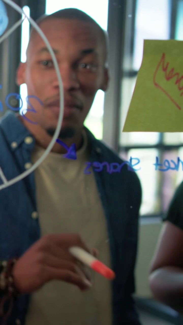 Vertical video: Drawing man in denim marking glass wall during planning, woman joining with markers