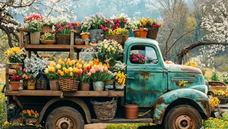 a truck with a bunch of flowers on the back of it