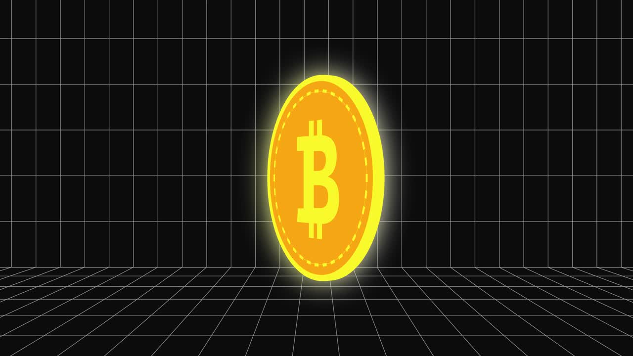 moneda bitcoin 3d que aparece y gira sobre un fondo de cuadrícula