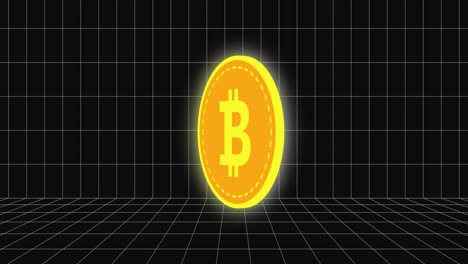 moneda bitcoin 3d que aparece y gira sobre un fondo de cuadrícula