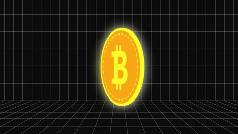 3d bitcoin currency appearing and rotating on a grid background