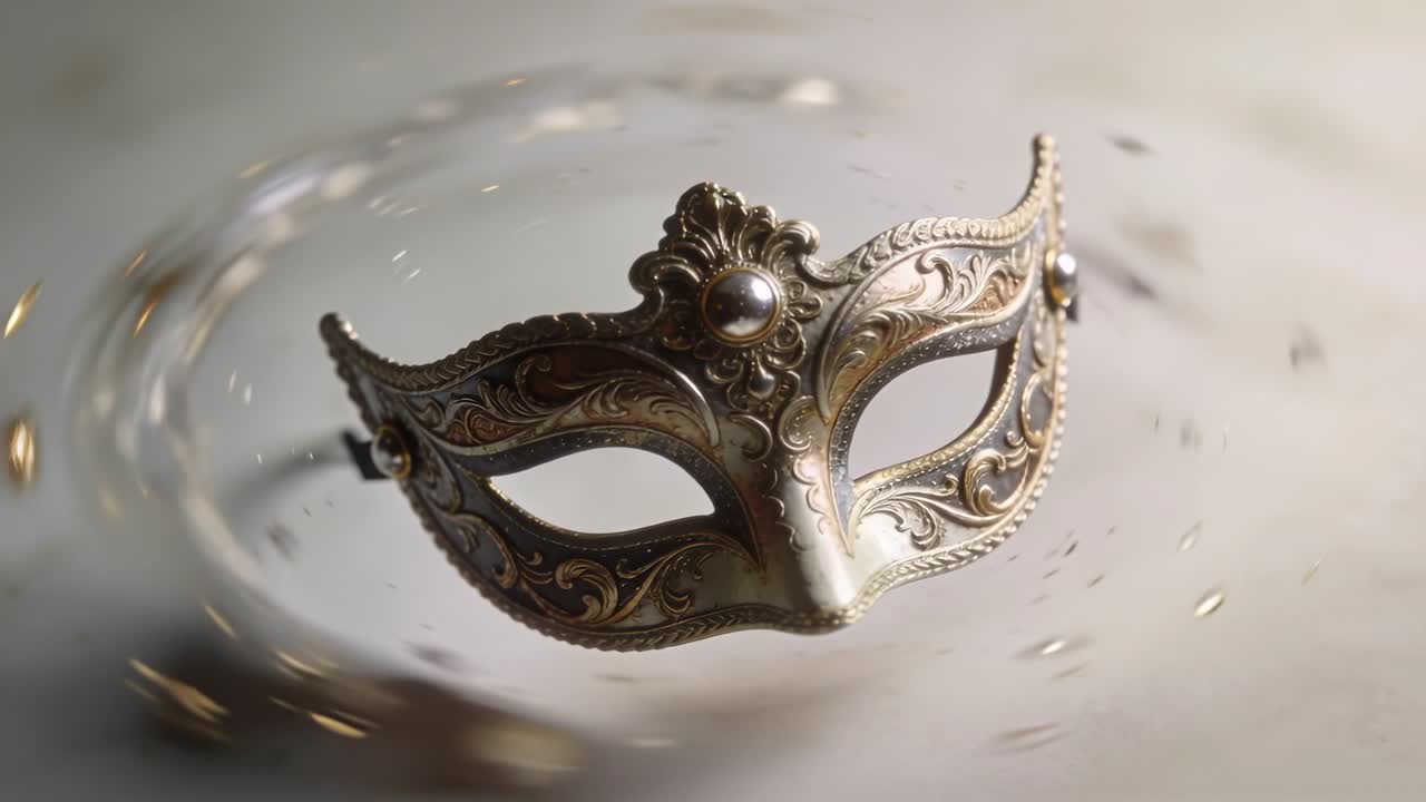 Maschera metallica ornata che ruota fluttuando in un recipiente di vetro, con un vortice di liquido che si forma e solleva goccioline lucide.