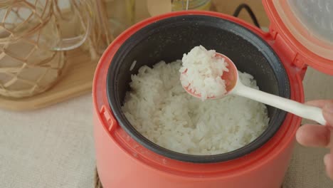 scooping cooked white rice from a rice cooker