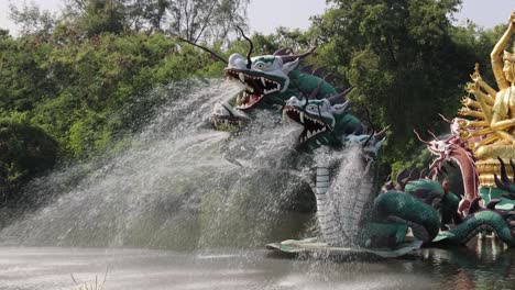 water spraying from dragon statues in a serene park