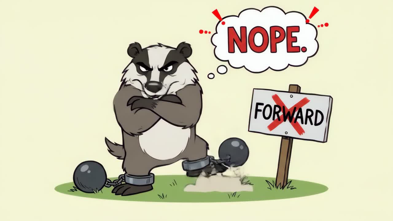 Animated Badger Refusing to Move Forward with Chains and 'Nope' Thought Bubble